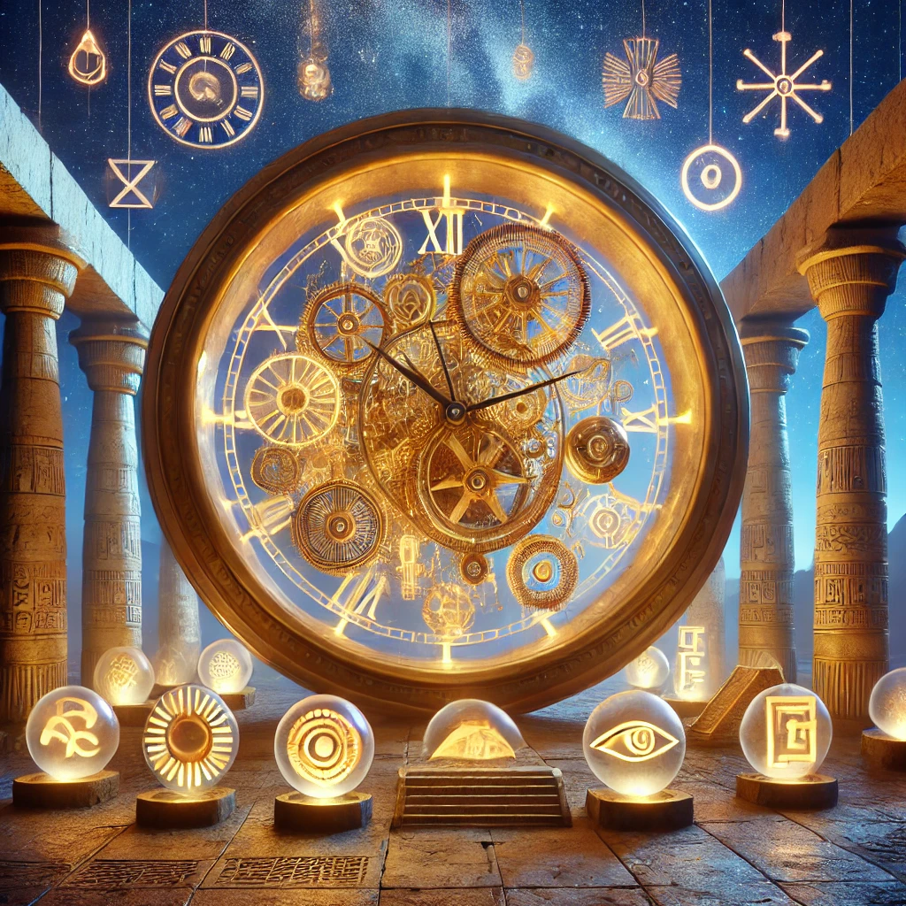 A clock surrounded by symbols of ancient civilizations